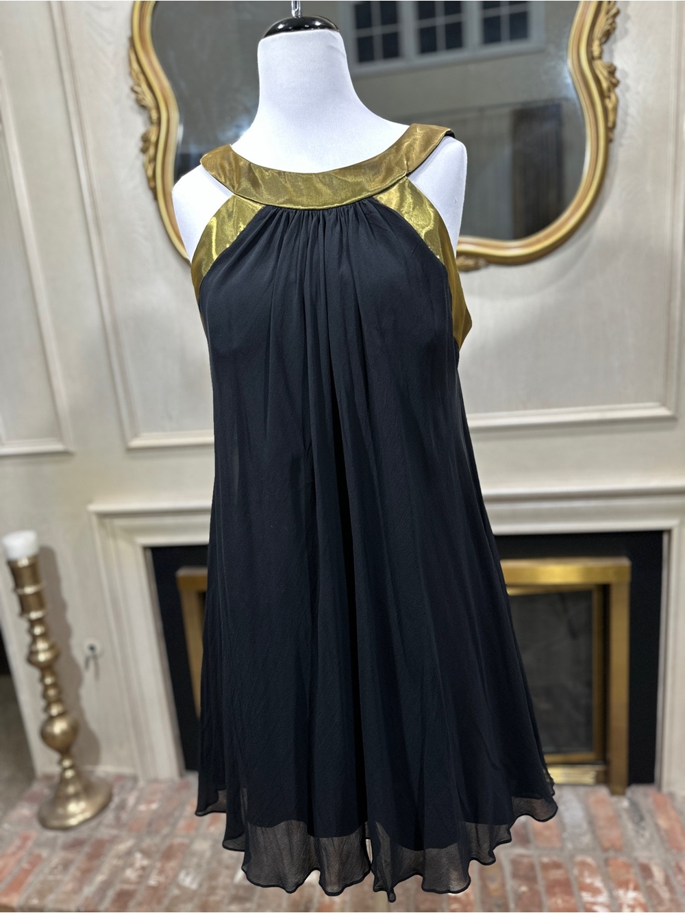 Badgley Mischka Dress 12 Black Gold Silk Art Deco Y2K Glam 550849